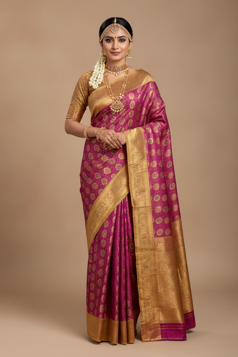 Bridal Vegan Silk Saree Pink shade with Golden Yellow Border with Unstitched blouse in Aari Work