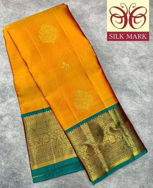 Pure Kanchipuram Silk Saree Golden Shade with  Rama Green Border