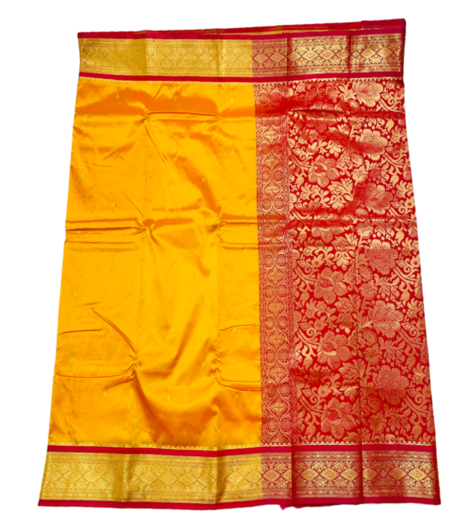 Mango Yellow shade saree with Golden  and Red Border