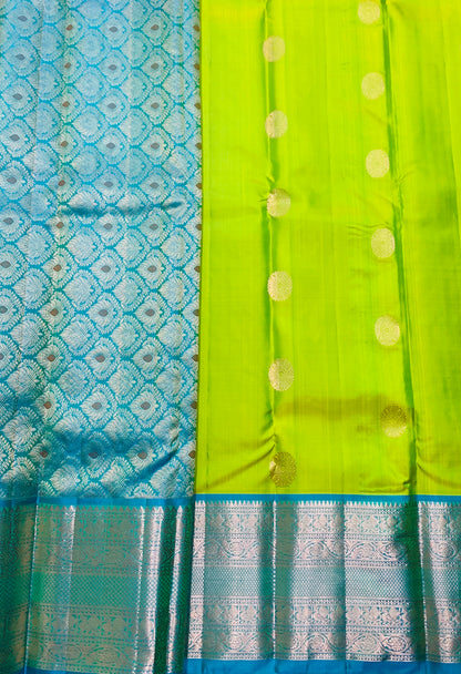 Pure Kanchipuram Silk Saree Apple Green Colour with Sky Blue Border