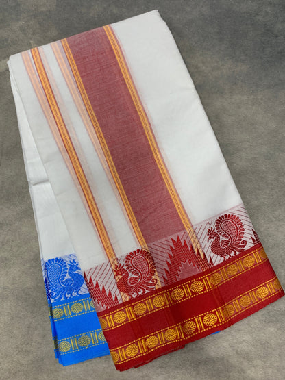 9X5 Cotton Dhoti White Colour with Red and Blue Border