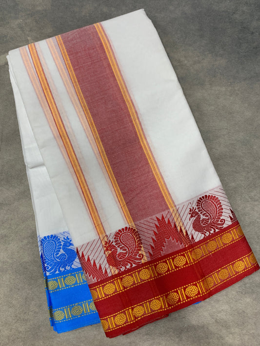 9X5 Cotton Dhoti White Colour with Red and Blue Border