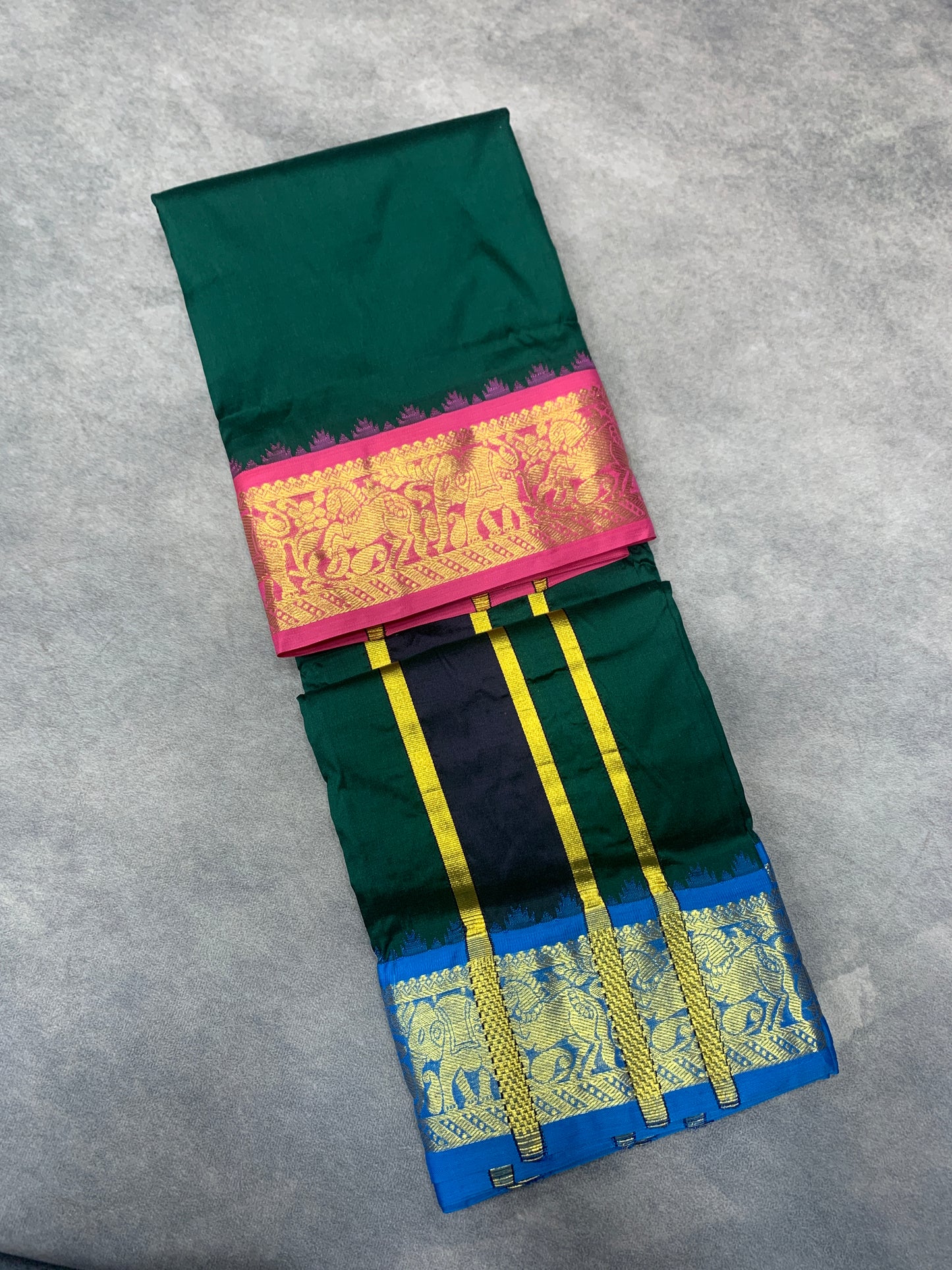 9X5 Pure Silk Dhoti Green Colour with Pink and Sky Blue Ganga Jamuna Border