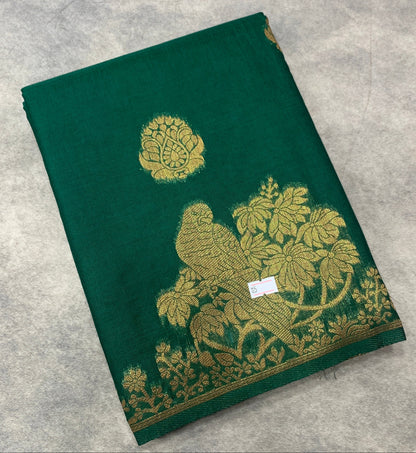 Kora Silk Saree Green Colour with Flower Design Border