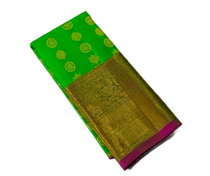 Apple Green shade Pure kanchipuram Kids Pattu Pavadai with Golden border for newborn to 2 Years