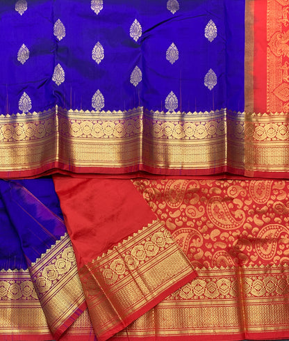 Pure Kanchipuram Silk Blue Colour with Red Colour Border