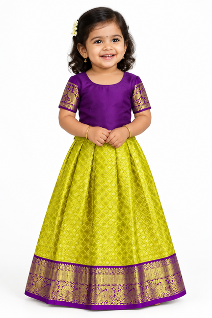 Yellow Shade Pure Kanchipuram Kids Pattu Pavadai with Contrast Border for Newborn to 2 Years