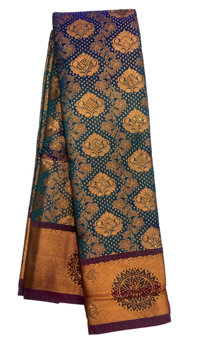 Vegan Silk Saree Sky Blue Colour with Copper and Magenta Border