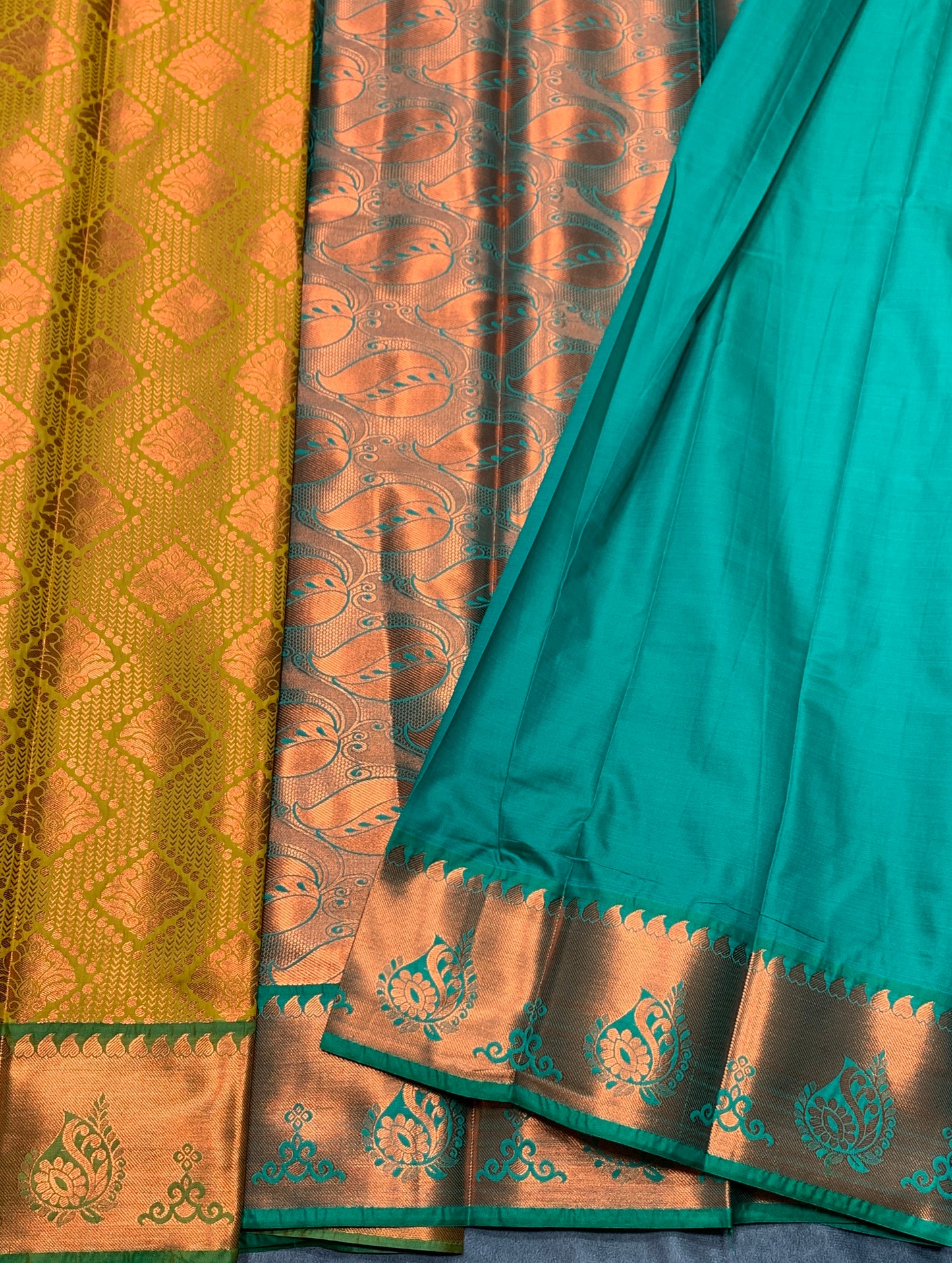 Vegan Silk Saree Lime Green Colour with Light Green and Copper Border