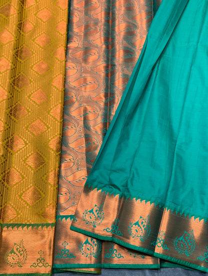 Vegan Silk Saree Lime Green Colour with Light Green and Copper Border