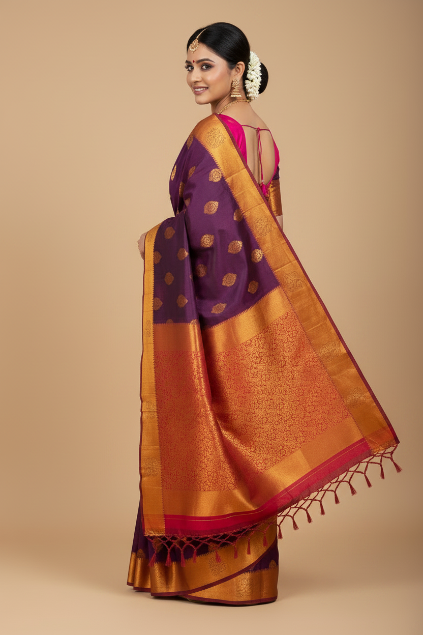 Vegan Silk Saree Violet Colour Saree with Copper Border