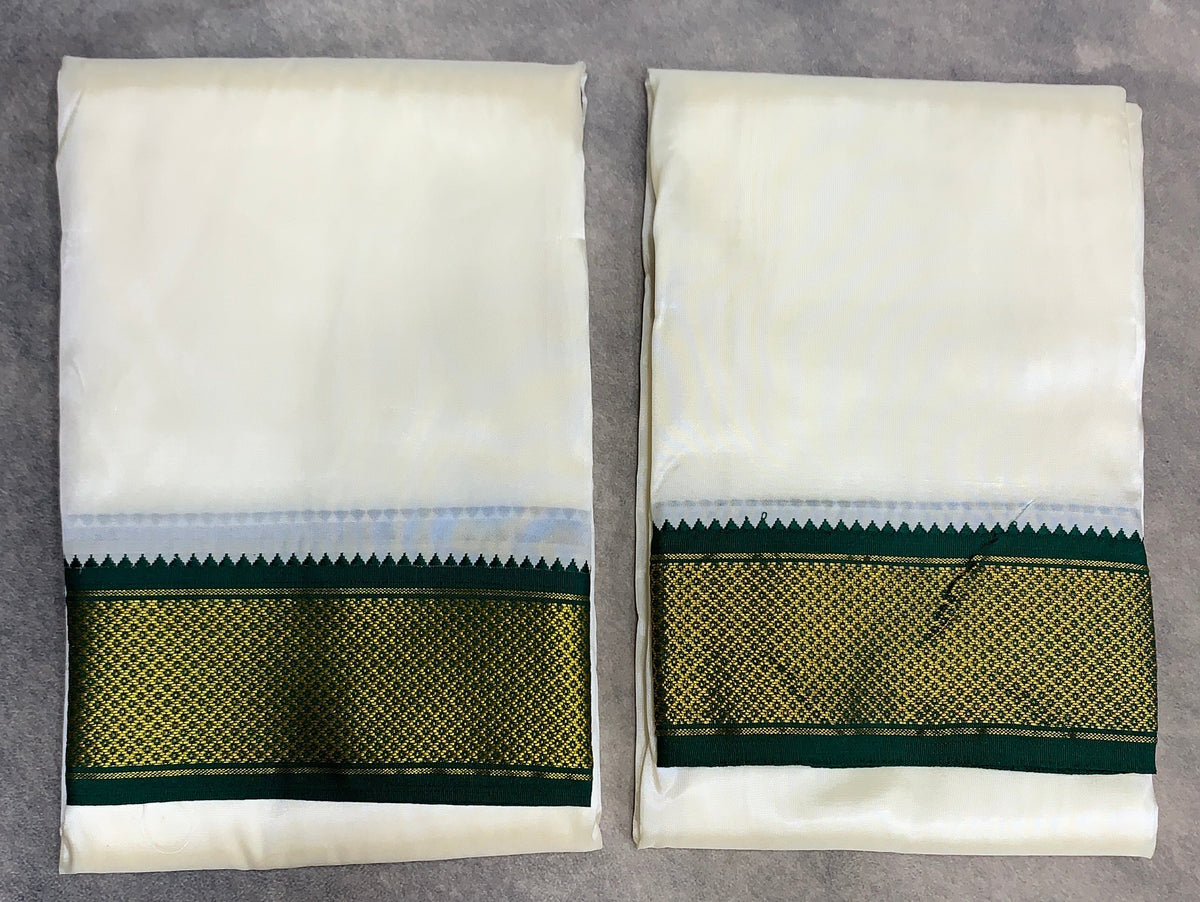 Art Silk Dhoti 8X4 Cream with Medium Ganga Jamuna(Green/ Maroon) Border