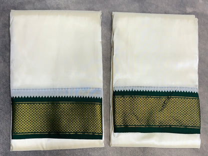 Art Silk Dhoti 8X4 Cream with Medium Ganga Jamuna(Green/ Maroon) Border