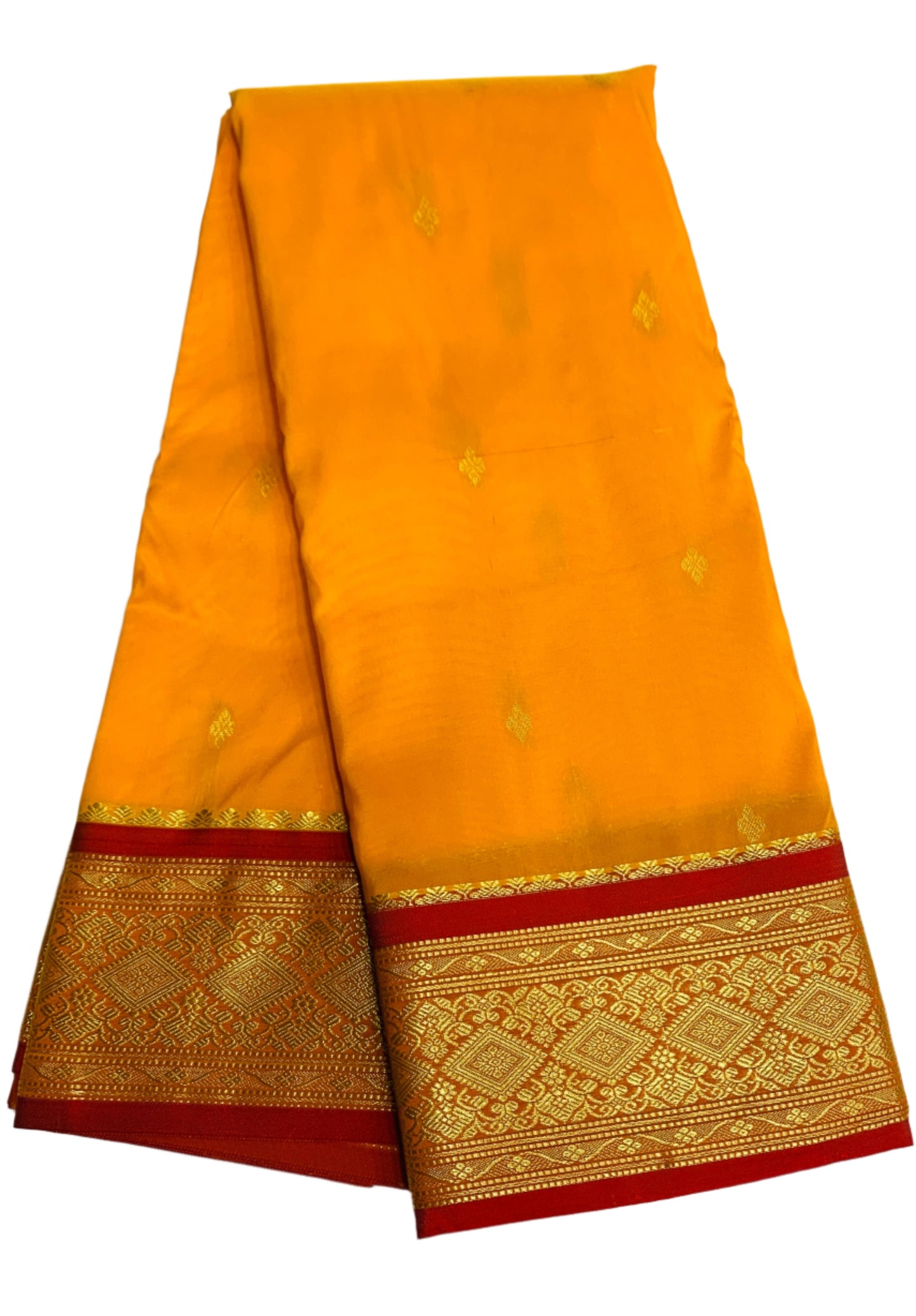 Mango Yellow Shade Saree with Golden and Red Border