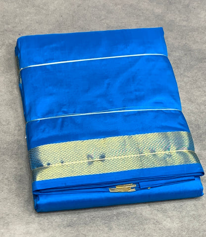 9X5 Pure Silk Dhoti Ananda Blue with Large Golden Zari Border