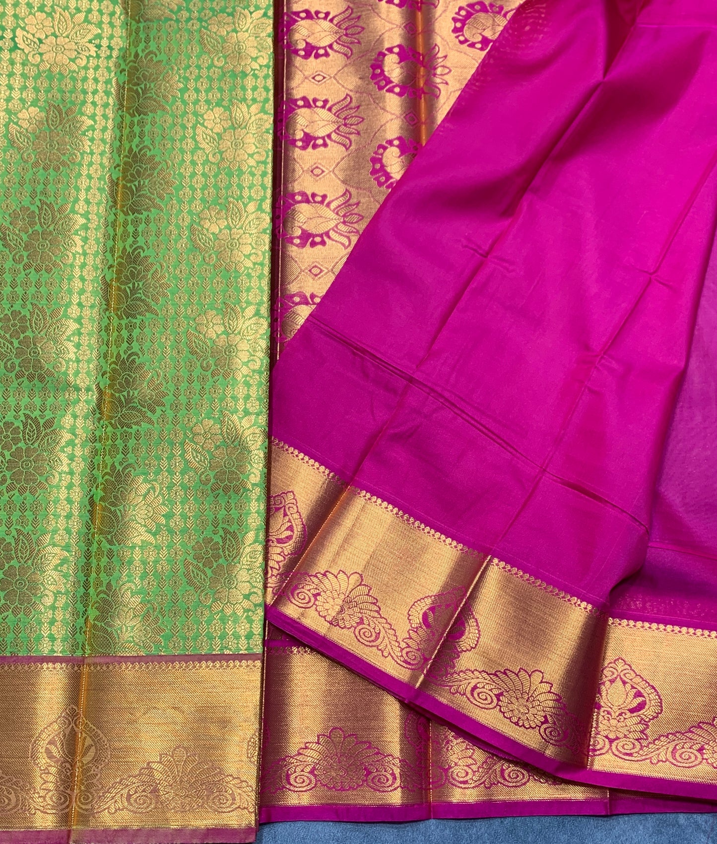 Vegan Silk Saree Light Green Colour with Pink and Copper Border