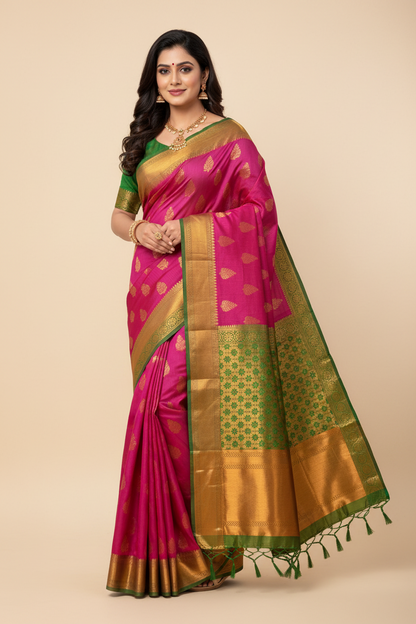 Rose Shade Silk Cotton Saree with Copper Zari Border