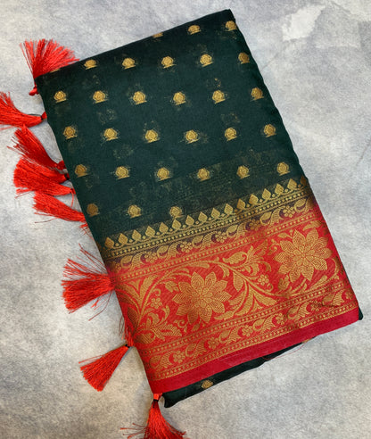 Crepe Saree Green Colour with Red Border