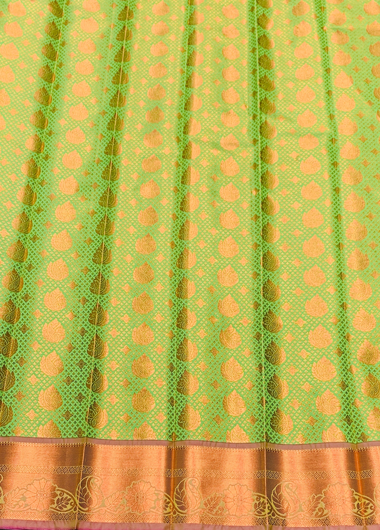 Vegan Silk Saree Apple Green Colour with Pink and Copper Border