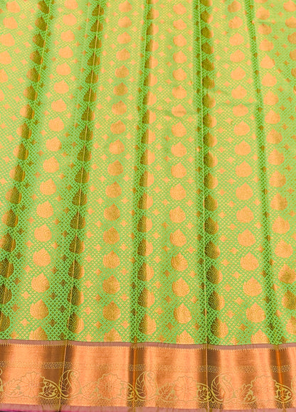 Vegan Silk Saree Apple Green Colour with Pink and Copper Border