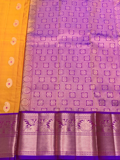 Pure Kanchipuram Silk Saree Mango Yellow Colour with Purple Border