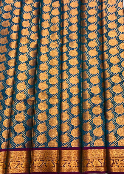 Vegan Silk Saree Peacock Blue Colour with Copper Border