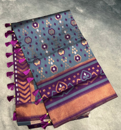 Pochampalli Semi Silk Saree Gray Colour with Magenta Border