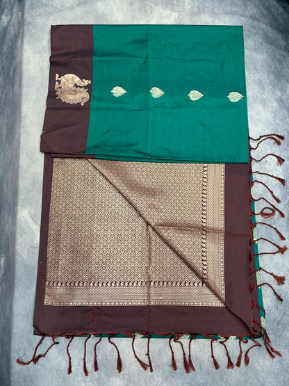 Art Silk Saree Peacock Green Colour with Brown Colour Border