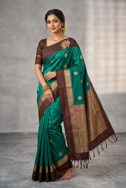 Art Silk Saree Peacock Green Colour with Brown Colour Border