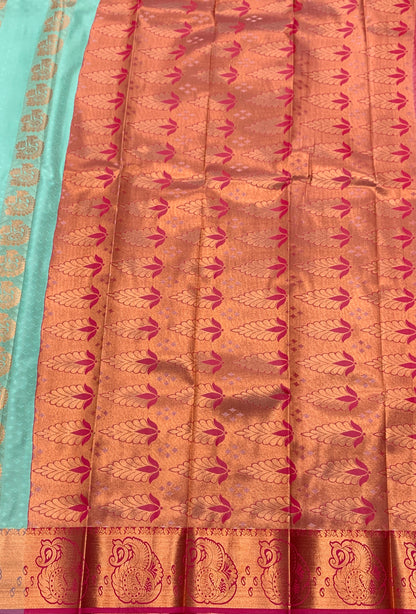 Vegan Silk Saree Light Green Colour Saree with Copper and Pink Border