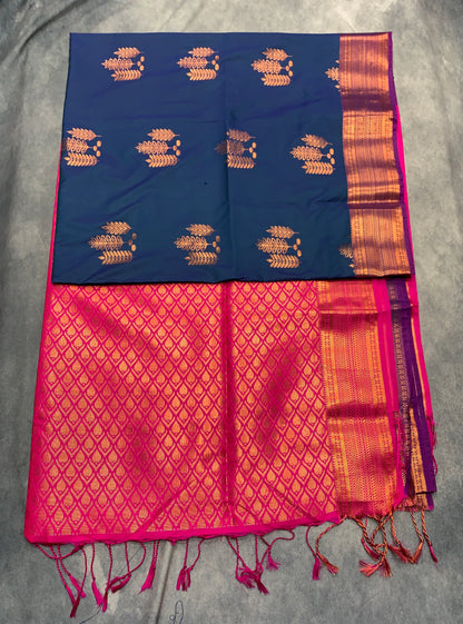 Soft Vegan Silk Saree Dark Blue Colour with Pink and Copper Border