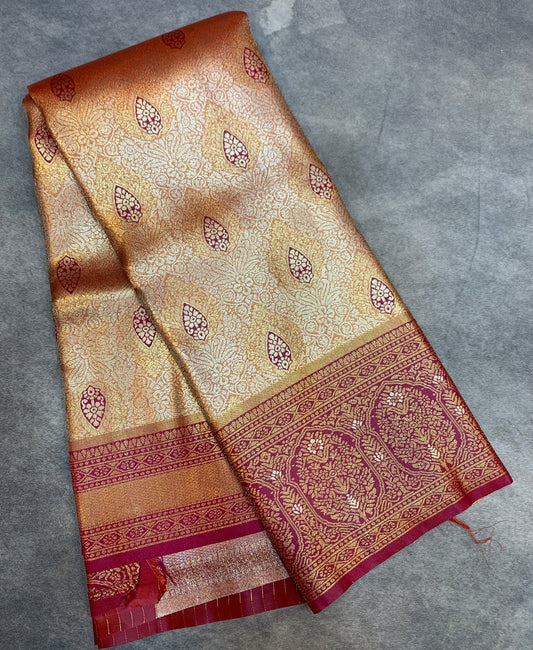 Fancy Tissue Saree Golden Orange Colour with Pink Border