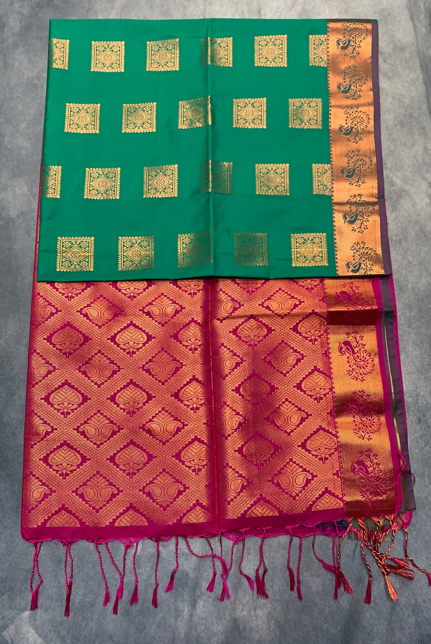 Soft Vegan Silk Saree Light Green Colour with Pink and Copper Border