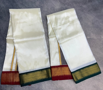 Art Silk Dhoti 8X4 Cream with Small Ganga Jamuna(Green/ Maroon) Border