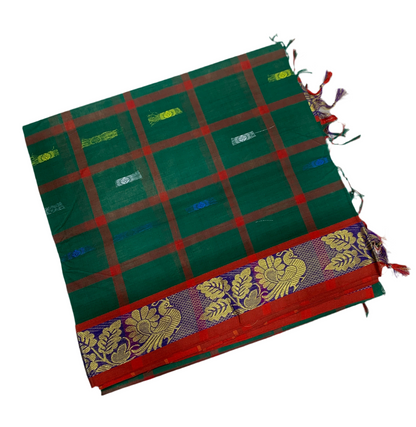 Chettinad Cotton Saree Dark Green Shade with Blue Border