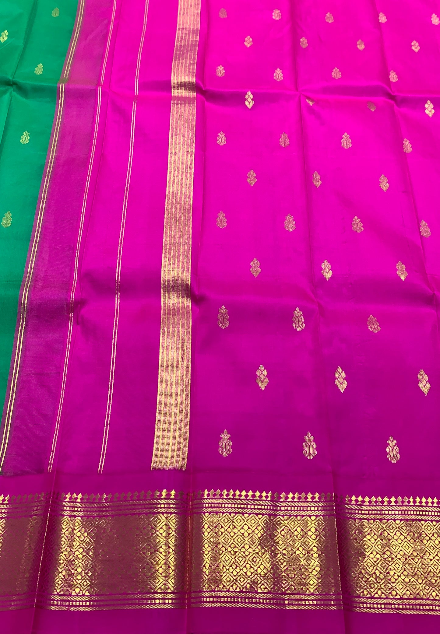 Pure Kanchipuram Silk Saree Light Green Colour with Purple and Gold Zari Border