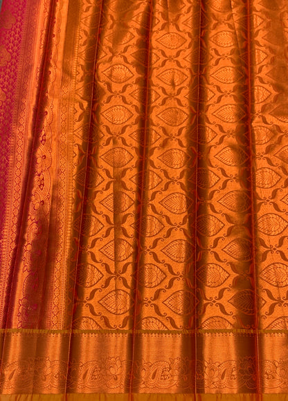 Vegan Silk Saree Pink Colour with Golden Yellow and Copper Border