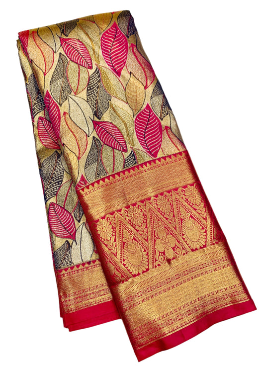 Pink & Navy Blue Leaf Soft Kanchi Tissue Pattu Saree with Pink border