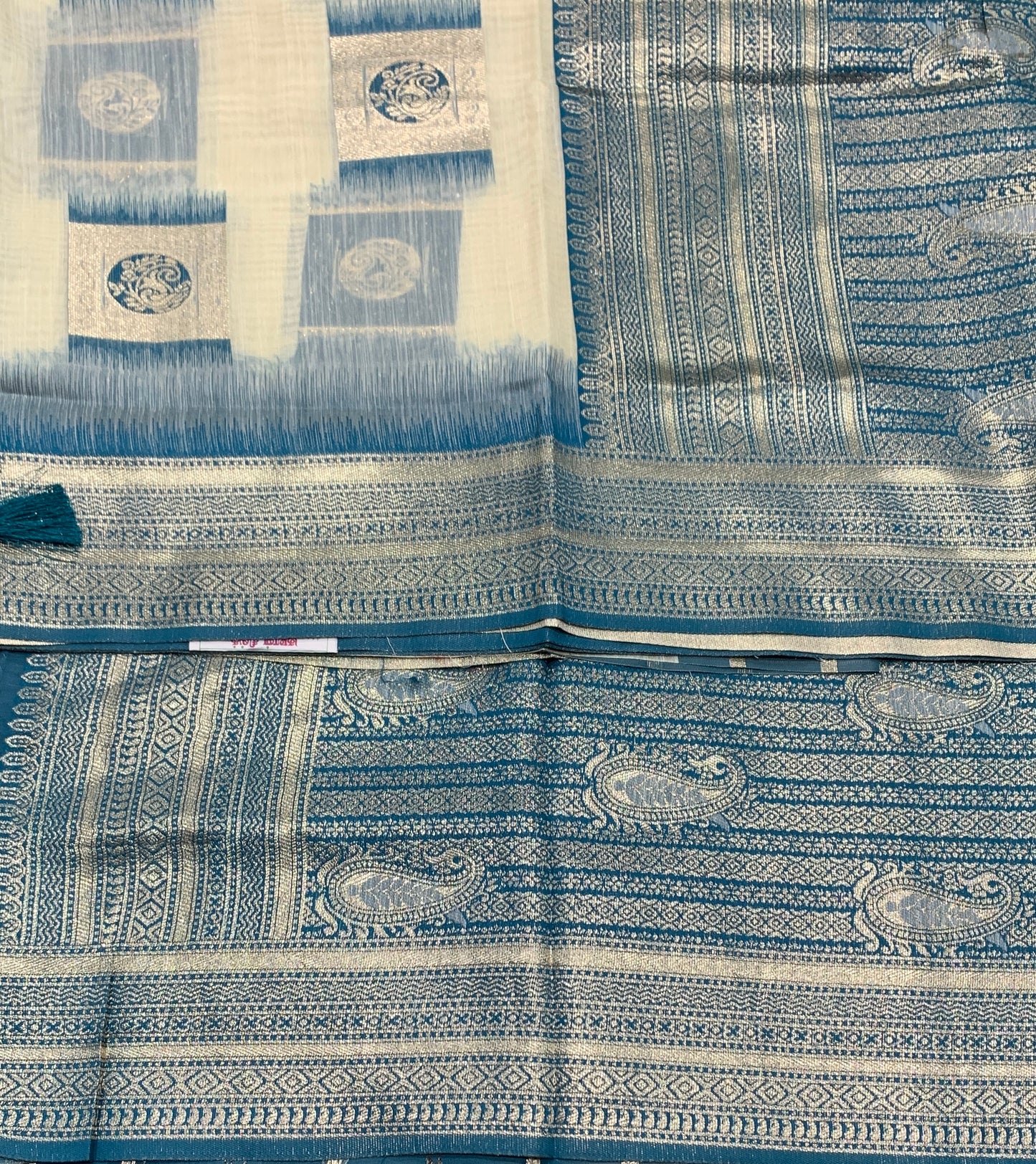 Banaras Katan Saree Off White Colour with Peacock Blue Katan Work Border