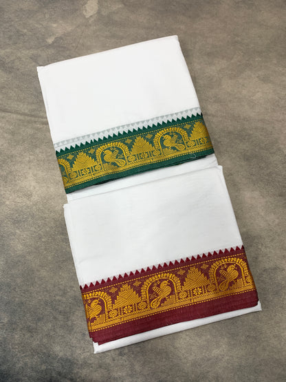 9X6 Cotton Dhoti White Colour with Green and Maroon Border with Angavastram