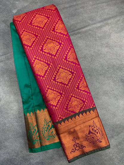 Vegan Silk Saree Pink Colour with Light Green and Copper Border