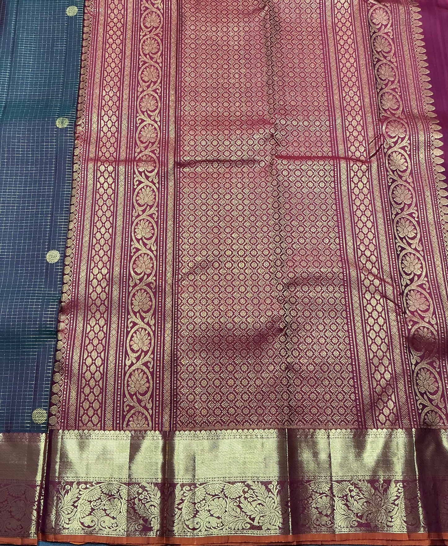 Pure Kanchipuram Silk Saree Dual Tone Colour with Korvai Metallic Golden zari Border