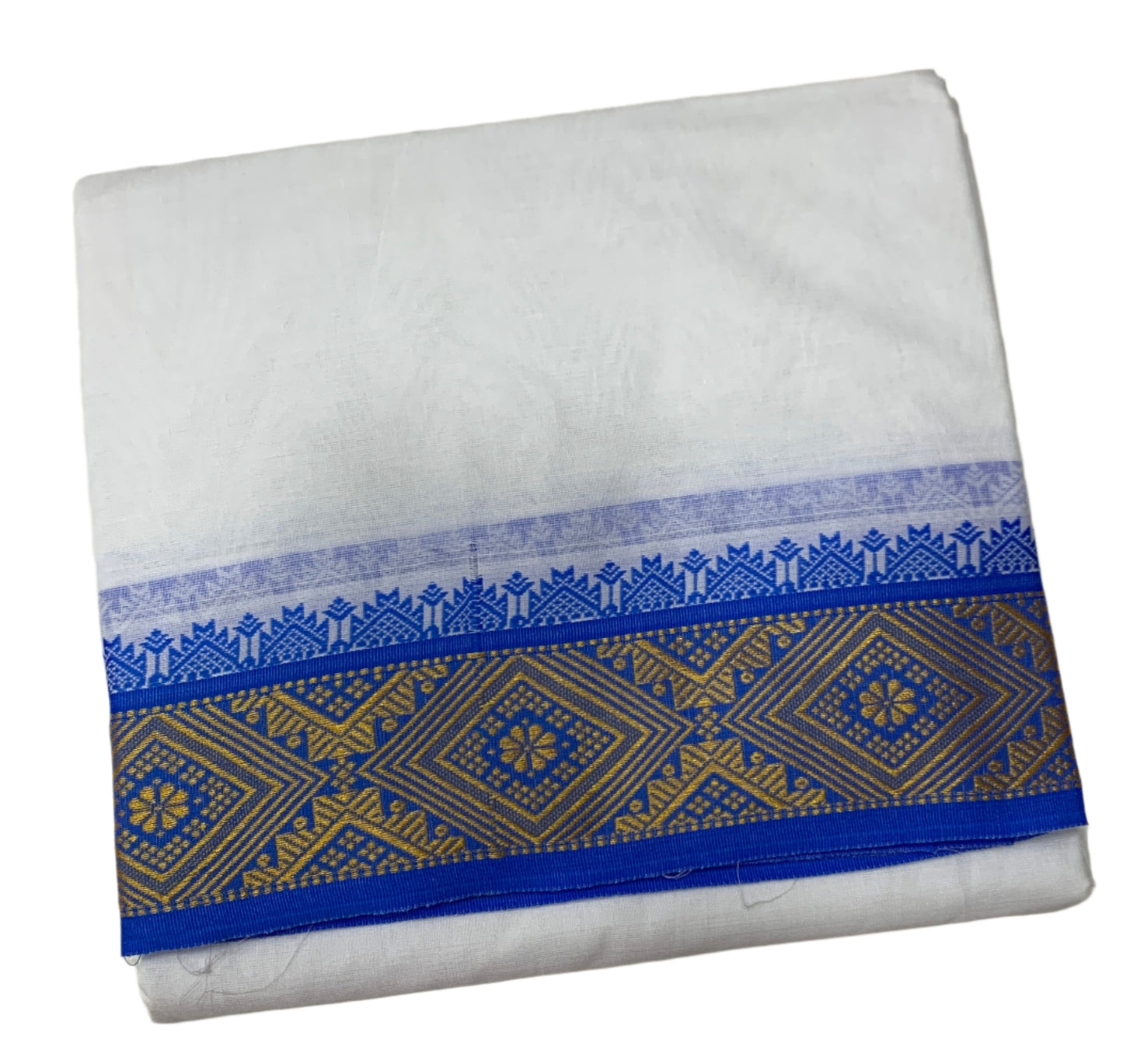 9X5 Cotton Dhoti White Blue and Red Border with Angavastram