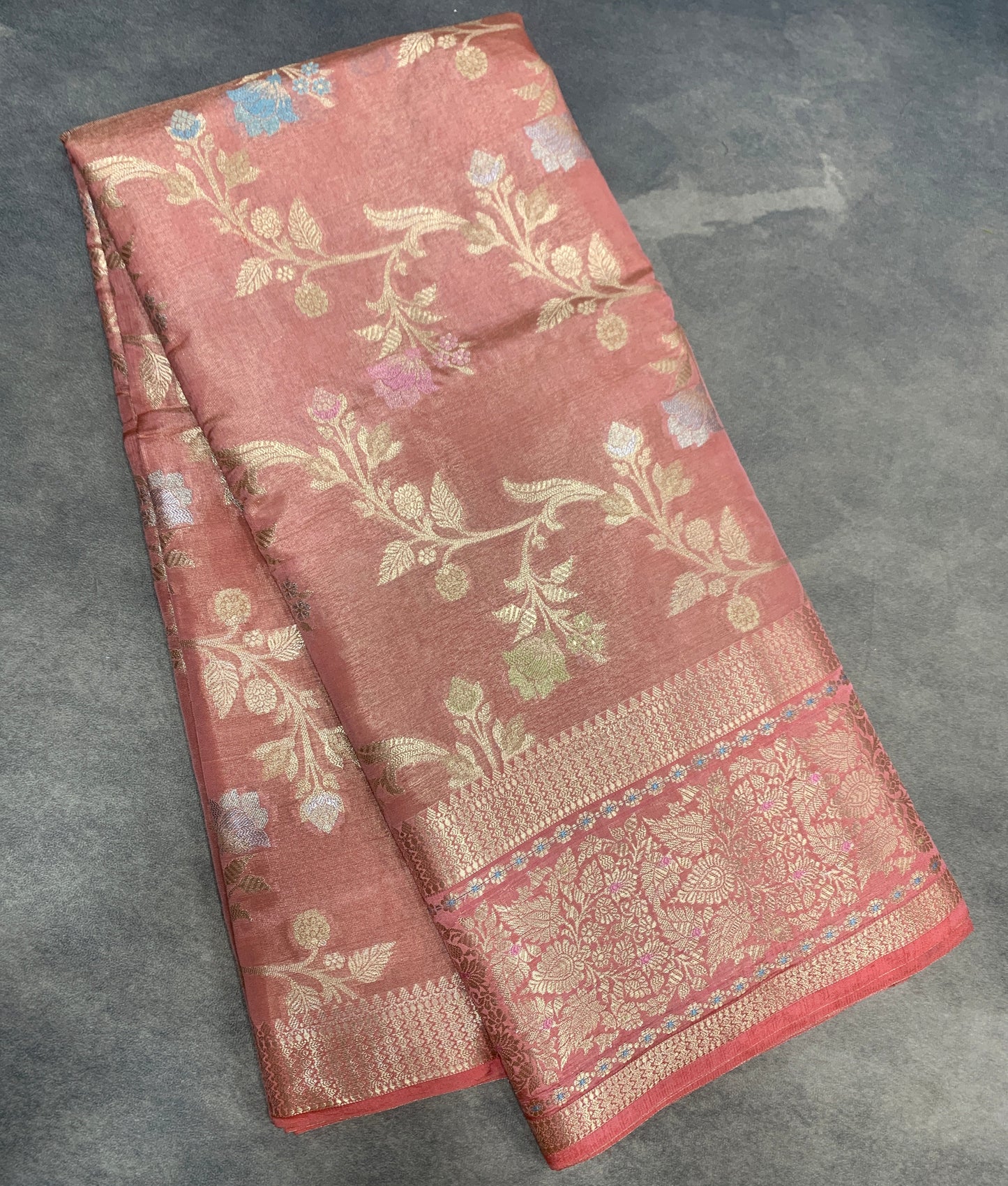 Meenakari Banaras Tissue Silk Saree Peach Pink Colour