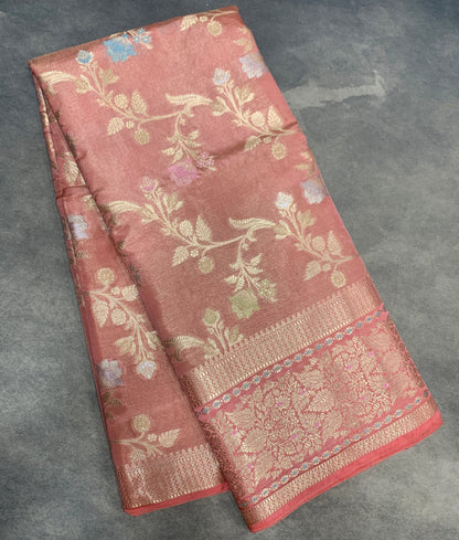 Meenakari Banaras Tissue Silk Saree Peach Pink Colour