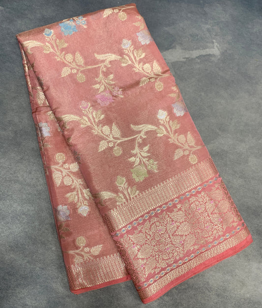 Meenakari Banaras Tissue Silk Saree Peach Pink Colour