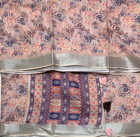 Jute Cotton Saree Baby Pink Colour with Thread Border