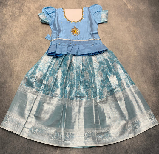 Ready To Wear Sky Blue Colour Pavadai with Contrast Blue Colour Blouse