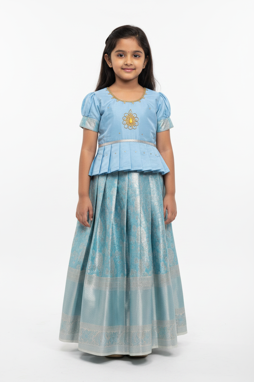 Ready To Wear Sky Blue Colour Pavadai with Contrast Blue Colour Blouse