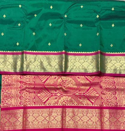 Green Colour Saree with Golden and Pink Border